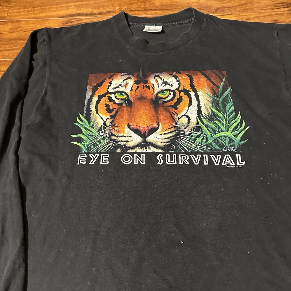 Vintage 90s Human-i-Tees Eye on Survival Tiger Graphic T-Shirt Size XL USA - Picture 3 of 5
